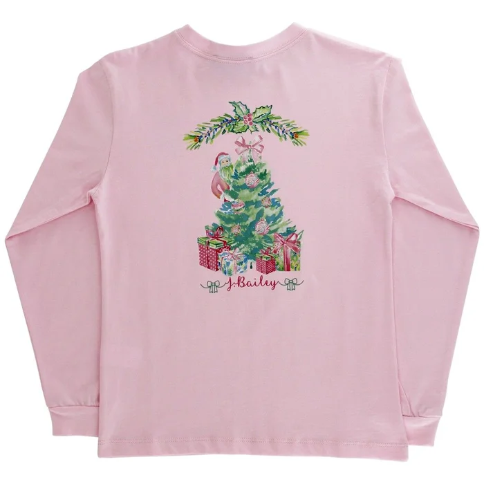 J. Bailey L/S GIRLS Logo Tee- SANTA TREE ON PINK