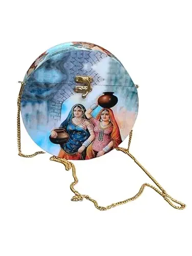 Kailash Enterprises Women‘s Handmade Wooden Printed Round Ethnic Clutch Bag/Bridal Purse/Handbag_Crossbody Sling Bags for Party (7.5 Inch), Multicolour, M