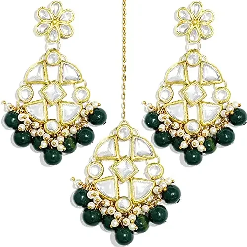 Karatcart Red Beads Kundan Dangler Earrings with Maangtikka womens