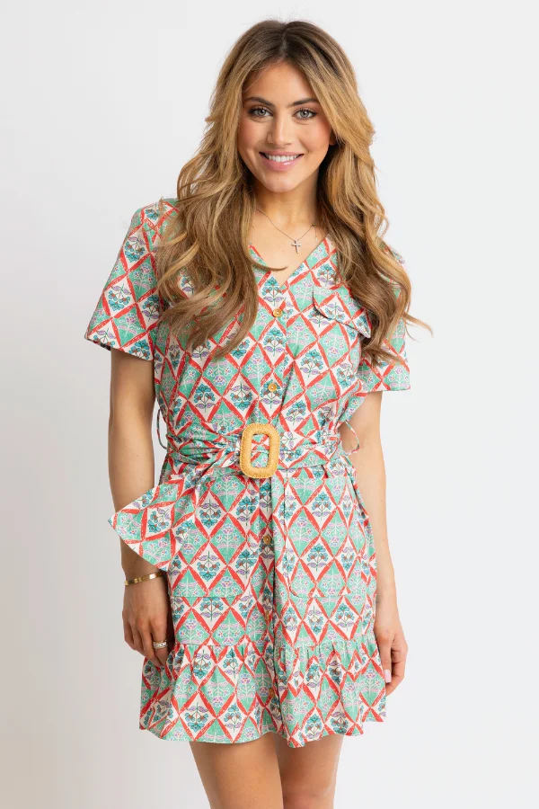 KARLIE: GREEN PARIS FLORAL POCKET SHIRT DRESS W/ BELT