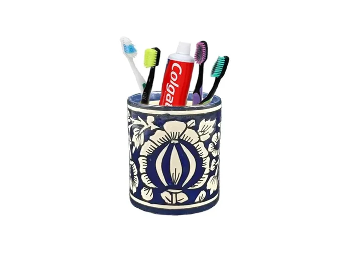 KHURJA POTTERY Ceramic Holder and Toothbrush Tumbler for Bathroom Countertop Desk Dorm College and Vanity (Blue Round Shape)