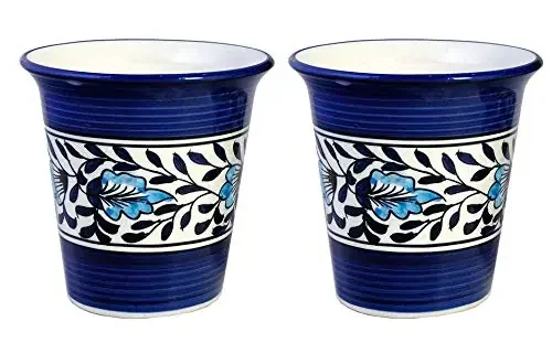 KHURJA POTTERY Ceramic Plant pots for Living Room & Balcony Painted Indoor Planter pots Set of 2 Blue Pottery Bonsai pots Blue