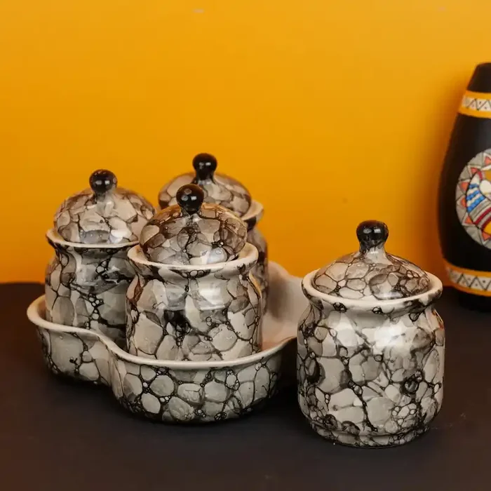 KHURJA POTTERY ‘Smokey Marble‘ Grey Pickle Jars for Dining Table – Ceramic Jars and Containers For Pickle Achar Jar Set (Set of 4 240 ML)