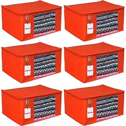 KIVYA Non Woven saree cover set for wardrobe organizer clothes storage bags for closet cloth organiser Red – set of 6