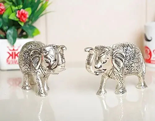 KridayKraft Elephant Medium Size Silver Polish 2 pcs Set for Showpiece Enhance Your HomeOffice & Table and Gift for Have House Warming Anniversaries Birthday…