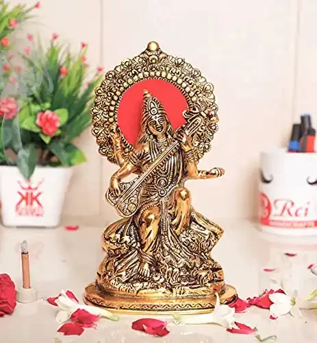 KridayKraft Gold Plated Maa Saraswati Metal StatueHindu Goddess Saraswati ji Murti for PoojaMeditationOfficeHomeStudy Table DecorativeShowpiece FigurinesReligious Idol Gift Article.
