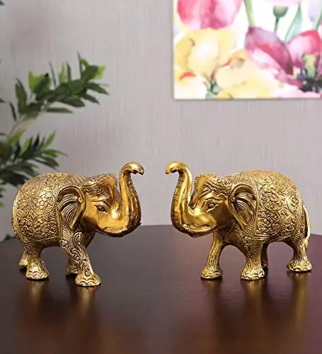 KridayKraft Metal Elephant Statue Small Size Gold Polish 2 pcs Set for Your HomeOffice Table Decorative & Gift ArticleAnimal Showpiece Figurines…