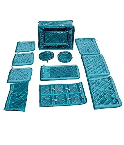 Kuber Industries Jewellery Kit/Make Up Kit/Box with 12 Pouches in Heavy Quilted Satin Blue
