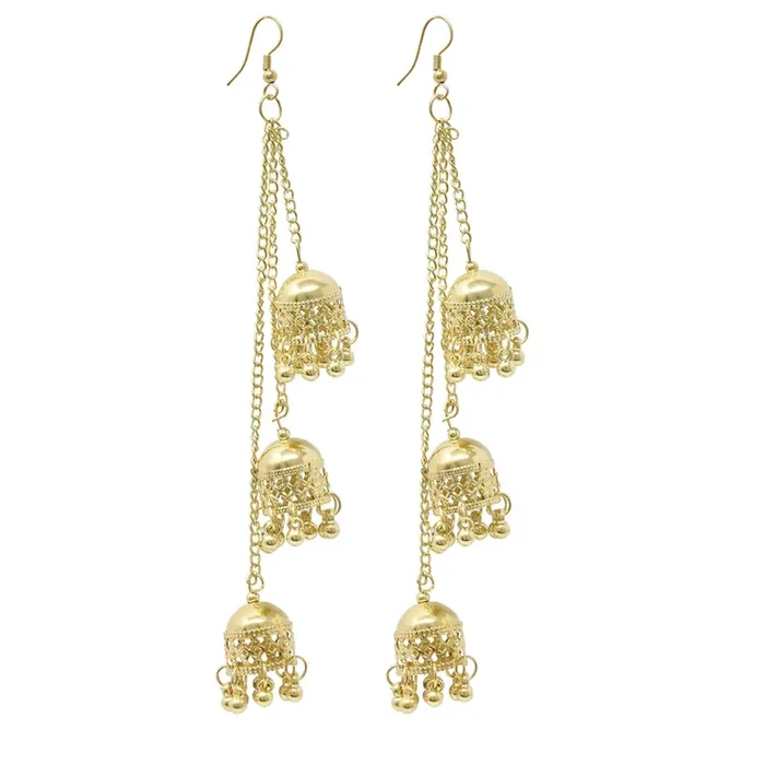 KUNDAN & MEENAKARI JEWELLERY Gold Oxidised Kashmiri long Triple Jhumki Dangler Earring Light weight in stainless steel alloy Wedding Style for Women and Girls (Model Number JSE232G.)