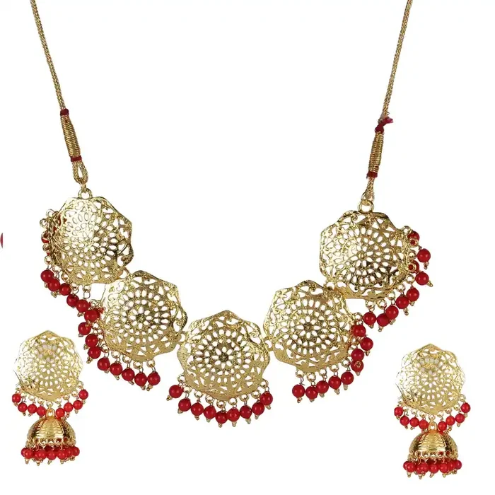 KUNDAN & MEENAKARI JEWELLERY Round Oxidized Gold Plated Black Pearl Choker Necklace set with Earrings and Maangtikka for Women‘s