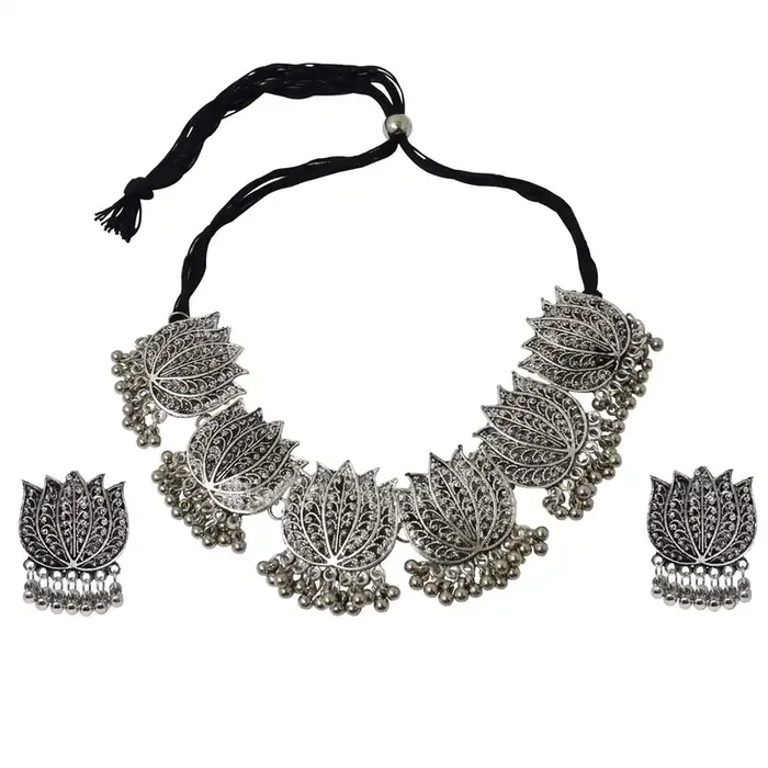 KUNDAN & MEENAKARI JEWELLERY Silver Oxidized Traditional Lotus Style Choker Necklace With Matching Earring Medium (JSN255)