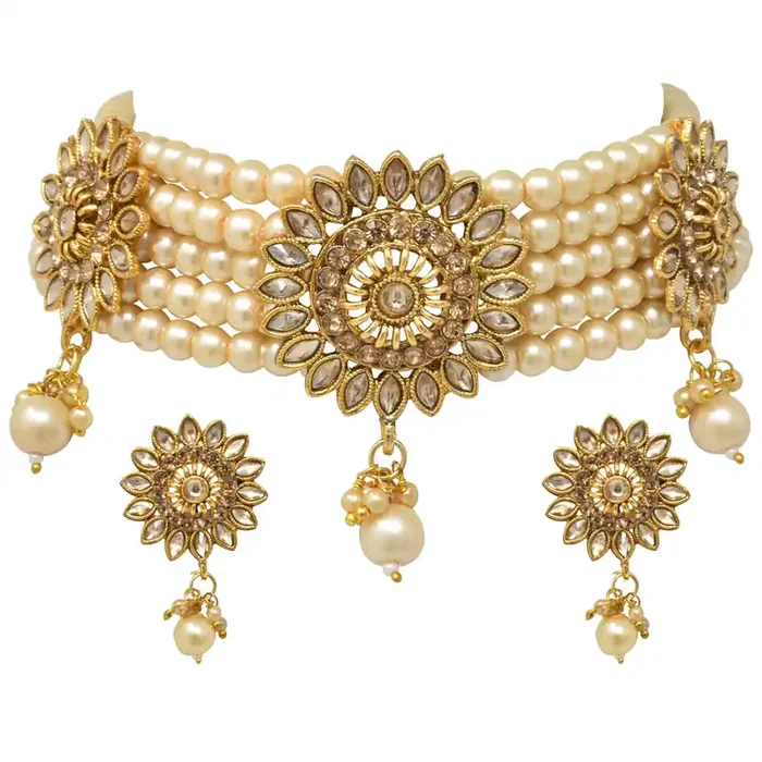 KUNDAN & MEENAKARI JEWELLERY Traditional Wedding Style Kundan Choker Necklace Set with Jhumki Earrings for Women (choker necklace set)