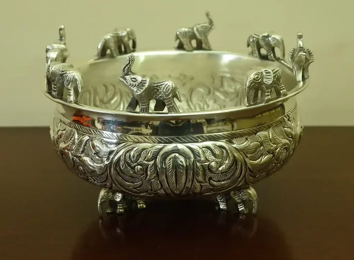 KUSHAL CREATION German Silver Urli Traditional Hand Engraved Elephant Decorative Urli Bowl for Floating Flowers and T-Light Candles for Table Decor