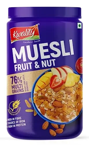 Kwality Muesli Fruit N Nut Multigrain Wheat Corn Oats Brown Rice High in Fibre Iron and Protein 1Kg Jar