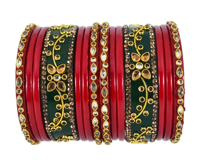 LAC BANGLES Lac Bangles Traditional Red Green Chudi Set