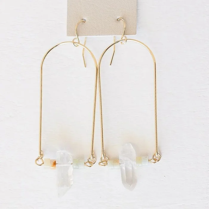 Landers Gold Oblong with Stone Detail 2″ Earrings
