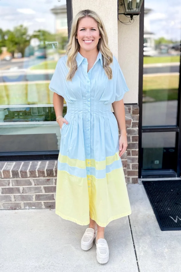 LIGHT BLUE & YELLOW PIN TUCK MIDI DRESS