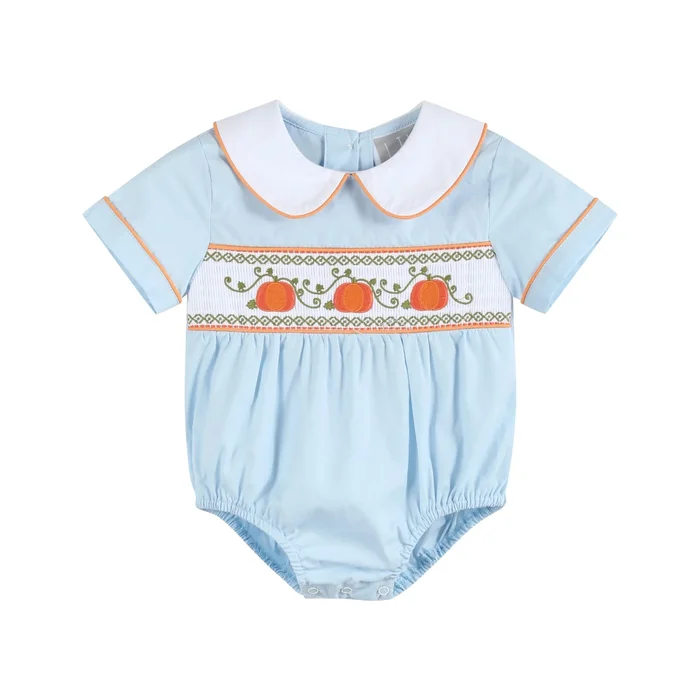 Light Blue Pumpkin Vine Smocked Collared Romper