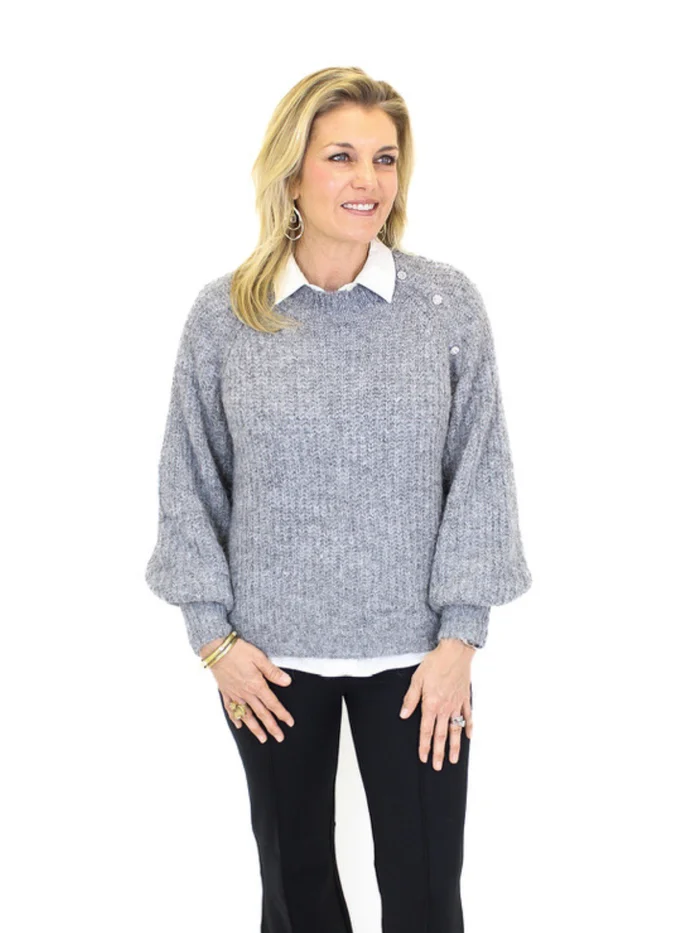 Lili Sidonio Embellished Shoulder Sweater – Grey