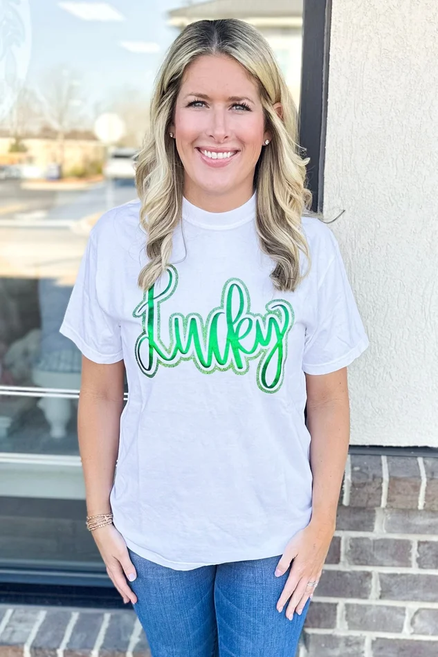LUCKY CURSIVE WHITE TSHIRT