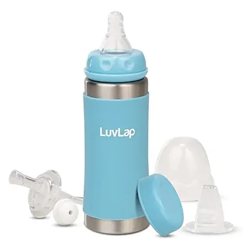 LuvLap 4 in 1 Steel Baby Sipper Made of SS304 Rust Free Steel Heat Protective Silicone Cover BPA Free Odour Free Spout Weighted Straw & Cap Blue 3M+ 240ml