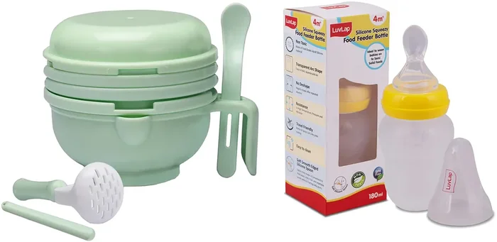 LuvLap 9 in 1 Baby Food Masher Mill, Food Grinder Cum Processor, with Multifunction Textured Mashing & Filtering Plates, with Serving Bowl (Light Green) & LuvLap Easy Squeezy Food Feeder – 180 ml