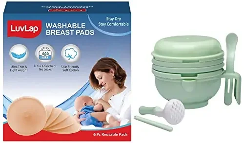 LuvLap 9 in 1 Baby Food Masher Mill (Light Green) & LuvLap Washable Maternity Nursing Breast Pads 6 Pcs Reusable Leak-Proof