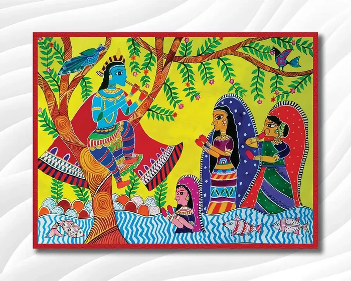 MADHUBANI PAINTINGS – Canvas Painting – Krishna Madhubani Art – Abstract Art – Canvas Painting (Cotton Canvas Small Size 19X15 Inches Multicolor)
