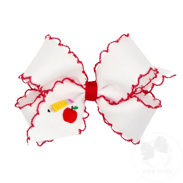 Medium Back to School Moonstitch Edge Grosgrain Hair Bow with Apple an