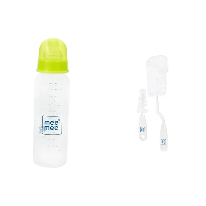Mee Mee 250ml Eazy Flo Premium Baby Feeding Bottle (Green) And Bottle and Nipple Cleaning Brush with 360-Degree Rotary Handle, White