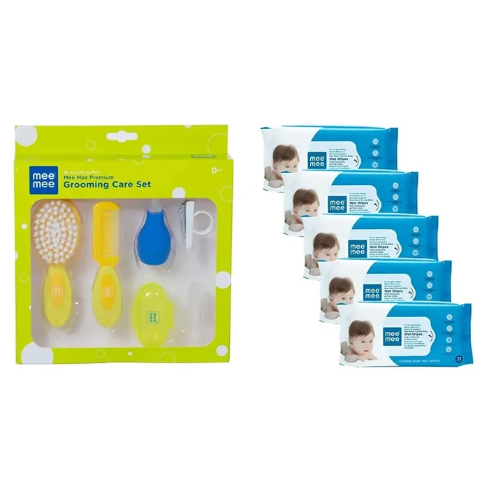 Mee Mee Baby Care Set (Grooming Set) and Mee Mee Baby Gentle Wet Wipes ((72 Pcs,Pack of 05), Aloe Vera Wet Wipes)