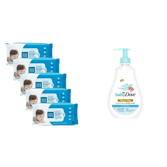 Mee Mee Baby Gentle Wet Wipes ((72 Pcs,Pack Of 05), Aloe Vera Wet Wipes)&Baby Dove Rich Moisture Hair To Toe Baby Wash, 400 Ml