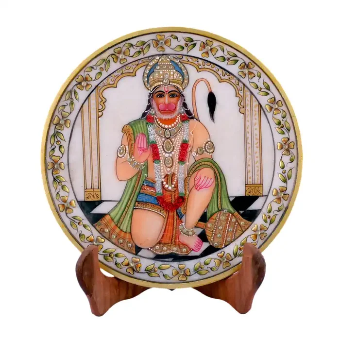 MEENAKARI ENAMEL PRODUCTS 22 Carat Gold Foil Work Round Shape Marble Showpiece Plate with Stand (14.5 cm x 1.5 cm x 14.5 cm) – Hanuman