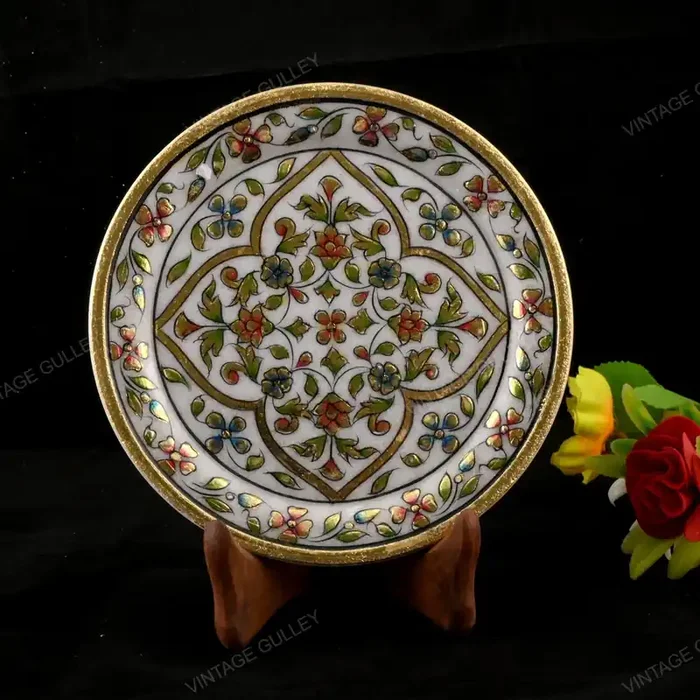 MEENAKARI ENAMEL PRODUCTS 22-Carat Gold Foil Work Round Shape Marble Showpiece Plate with Stand (14.5 cm x 1.5 cm x 14.5 cm)