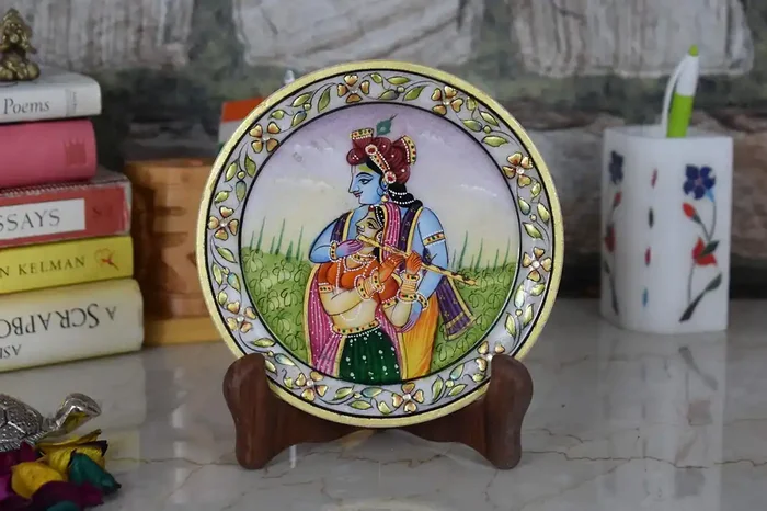MEENAKARI ENAMEL PRODUCTS 22 Carat Gold Foil Work Round Shape Marble Showpiece Plate with Stand (14.5 cm x 1.5 cm x 14.5 cm) – RadhaKrishna