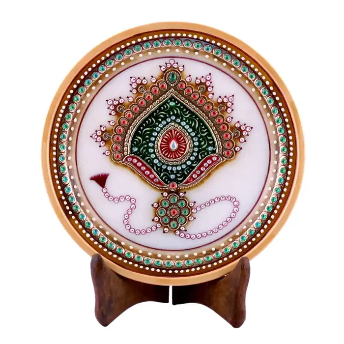 MEENAKARI ENAMEL PRODUCTS 22 Carat Gold Foil Work Round Shape Marble Showpiece Plate with Stand (14.5 cm x 1.5 cm x 14.5 cm) – 4 Sided
