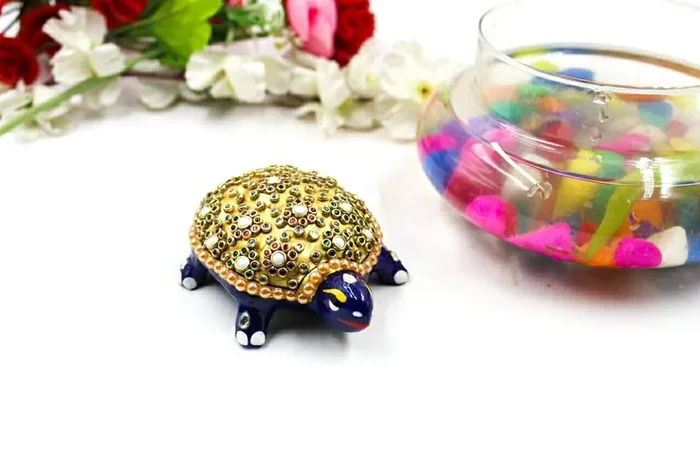 MEENAKARI ENAMEL PRODUCTS 3″ Metal Feng Shui Tortoise Spiritual Auspicious Handmade Stone Work Decorative Showpiece Figurine
