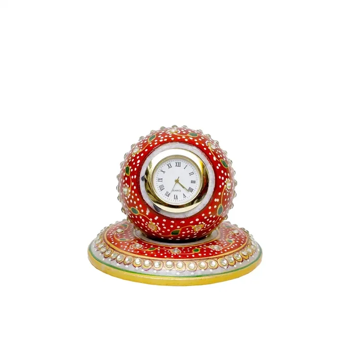 MEENAKARI ENAMEL PRODUCTS Decorative Round Marble Clock with Round Plate Stand for Home Table Top Handicrafts Home Decor Designer Watch Rajasthani Meenakari Work Office (Multicolor 10x10x7.5 cm)