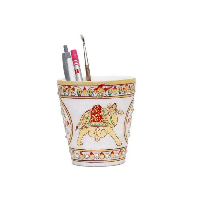 MEENAKARI ENAMEL PRODUCTS Decorative Round Marble Pen Stand for Office Table Handicraft Home Decor Designer Camel Printed Pen Holder with Rajasthani Meenakari Work for Home (Multicolor 9x9x10 cm)