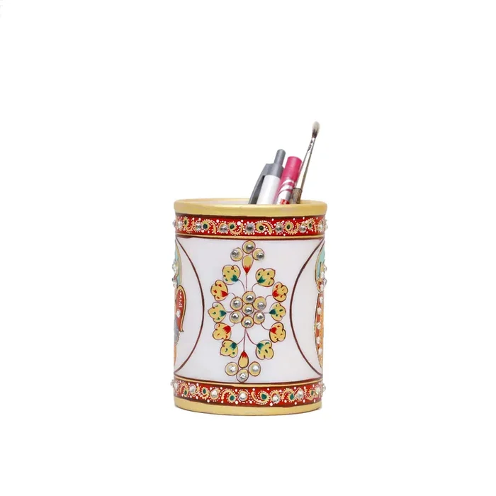 MEENAKARI ENAMEL PRODUCTS Decorative Round Marble Pen Stand for Office Table Handicraft Home Decor Designer Flower Printed Pen Holder with Rajasthani Meenakari Work for Home (Multicolor 7.5×7.5×10 cm)