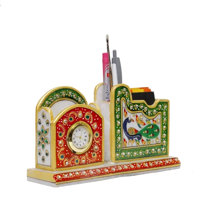 MEENAKARI ENAMEL PRODUCTS Decorative Round Marble Pen Stand for Office Table with Clock Peacock Design Pen Holder with Rajasthani Meenakari Work for Home (Multicolor 20×5.5×11 cm)
