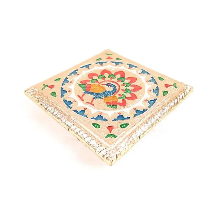MEENAKARI ENAMEL PRODUCTS Wooden Minakari Puja Chowki Wooden Chauki Bajot – Peacock Design (6 Inch Golden) – for Festivals Puja Home Decor and Gifts