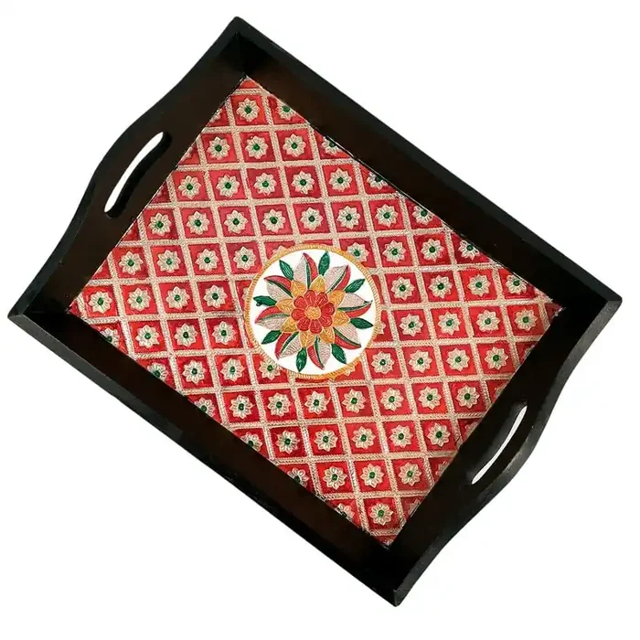 MEENAKARI ENAMEL PRODUCTS Wooden Tray Serving Trays for Tea Coffee & Snacks with Meenakari Work – for Home Dining Table Organization Kitchen & Gifts – 14 inch