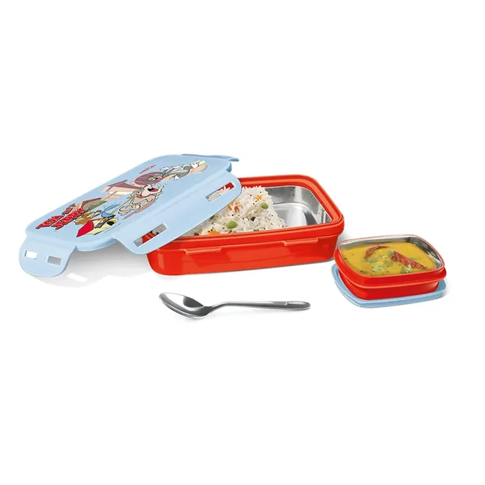 MILTON Steely Prime Insulated Inner Stainless Steel Small Tiffin Box,400 Ml,with Inner Container,80 Ml&Spoon,Red Food Grade Easy to Carry Easy to Clean Leak Proof Kids Lunch Box,400 Milliliter