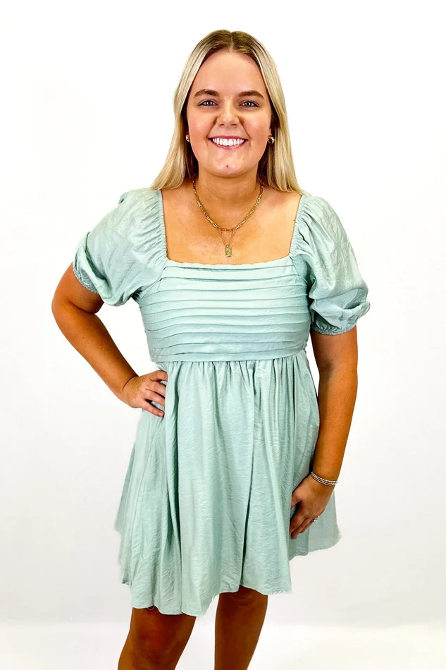 MINT TUCK PLEAT SQUARE NECK BABYDOLL DRESS