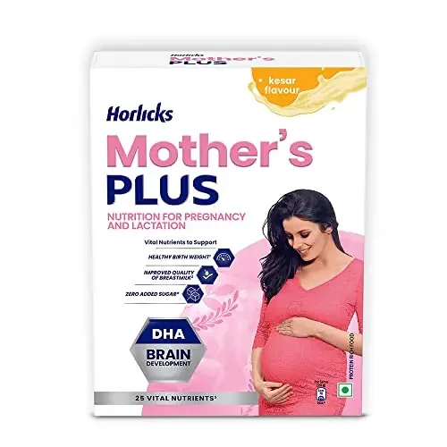 Mother‘s Horlicks Plus, Health Drink for Pregnancy & Lactation, Protein for Healthy Birth Weight, No Added Sugar, Kesar Flavour, Refill, 500g Powder