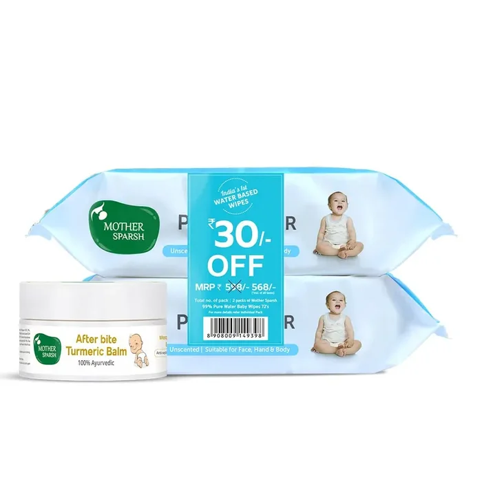 Mother Sparsh 99% Pure Water (Unscented) Baby Wipes- Super Thick I 72 pcs/Pack – Pack of 2 + After Bite Turmeric Balm for Rashes and Mosquito Bites