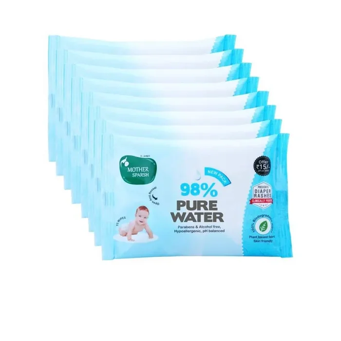 Mother Sparsh Cotton Scented Water Plant Fabric, Biodegradable Wipe (Blue, 15 Wipes) – Pack of 8