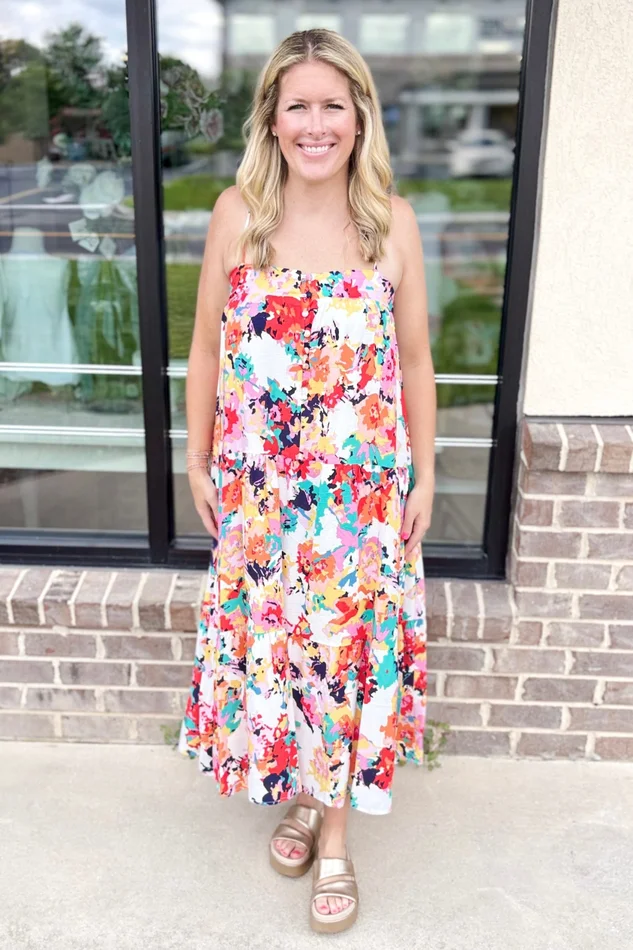 MULTI FLORAL BUTTON SLEEVELESS MIDI DRESS