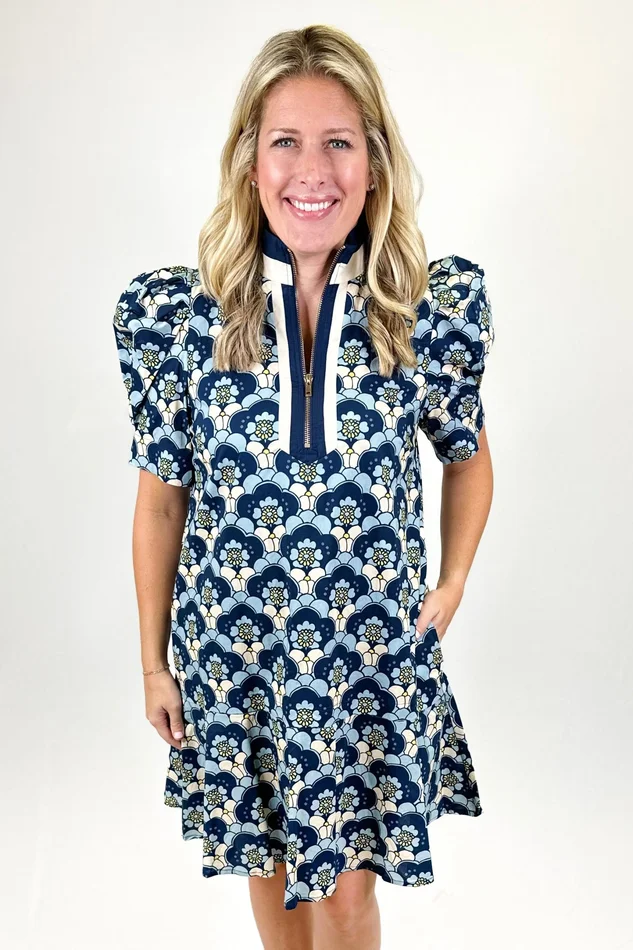 NAVY FLORAL PATTERN STRIPE ZIP FRONT DRESS